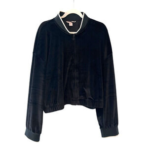 Victoria's Secret Black Ribbed Velour Bomber Jacket Full Zip XXL Y2K Crop